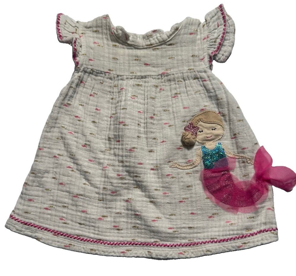 Mud Pie Baby Girl Mermaid Applique Dress White Pink Gold Size 6-9 Months